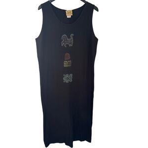 Blue Cactus Vintage 90s Sleeveless Cotton Maxi Tank Dress Tribal Art XL Black